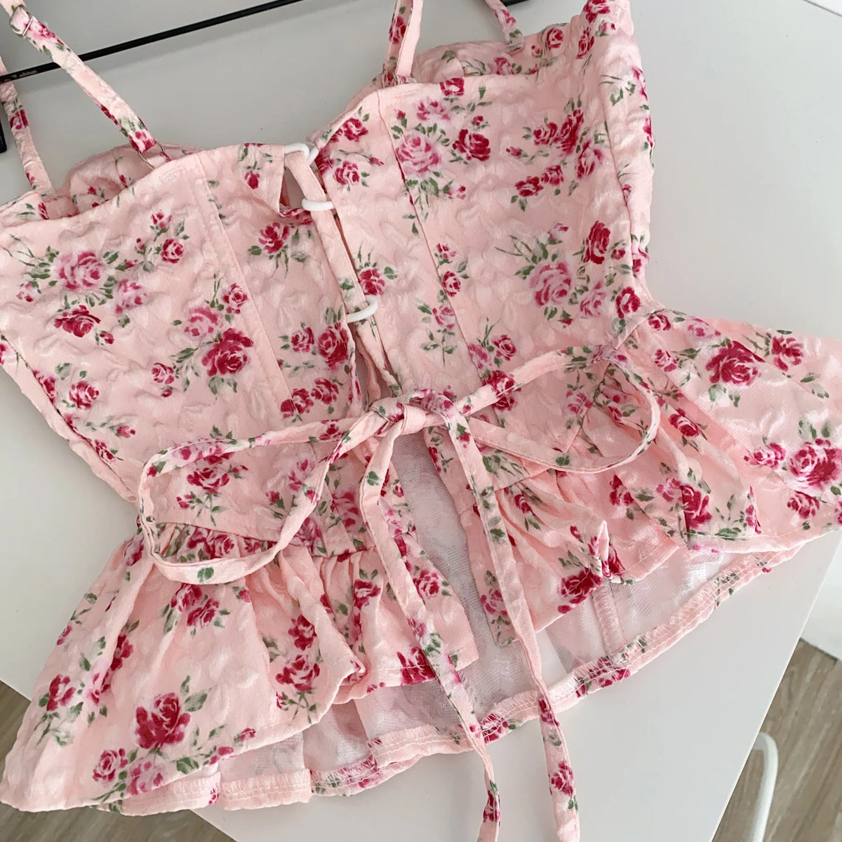 French Corset Print Ruffle Strap Tank Top for Women