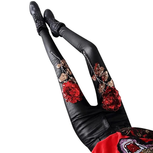 2025 Spring and Autumn Women's Leather Pants New Rose Sparkle Slim Fit Small Leg Pants Women's Bottom and Outer Wear