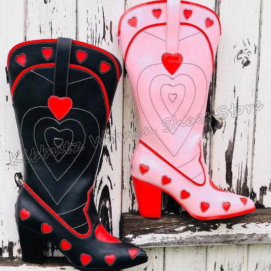 Hearts Cowboy Knee High Boots Slip-On Fashion Novelty Sexy Elegant Concise Novelty Leather Women Shoes Pointy Chunky Heels New