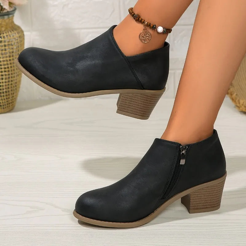 Elegant Suede Side Zipper Square Heel Ankle Boots for Women