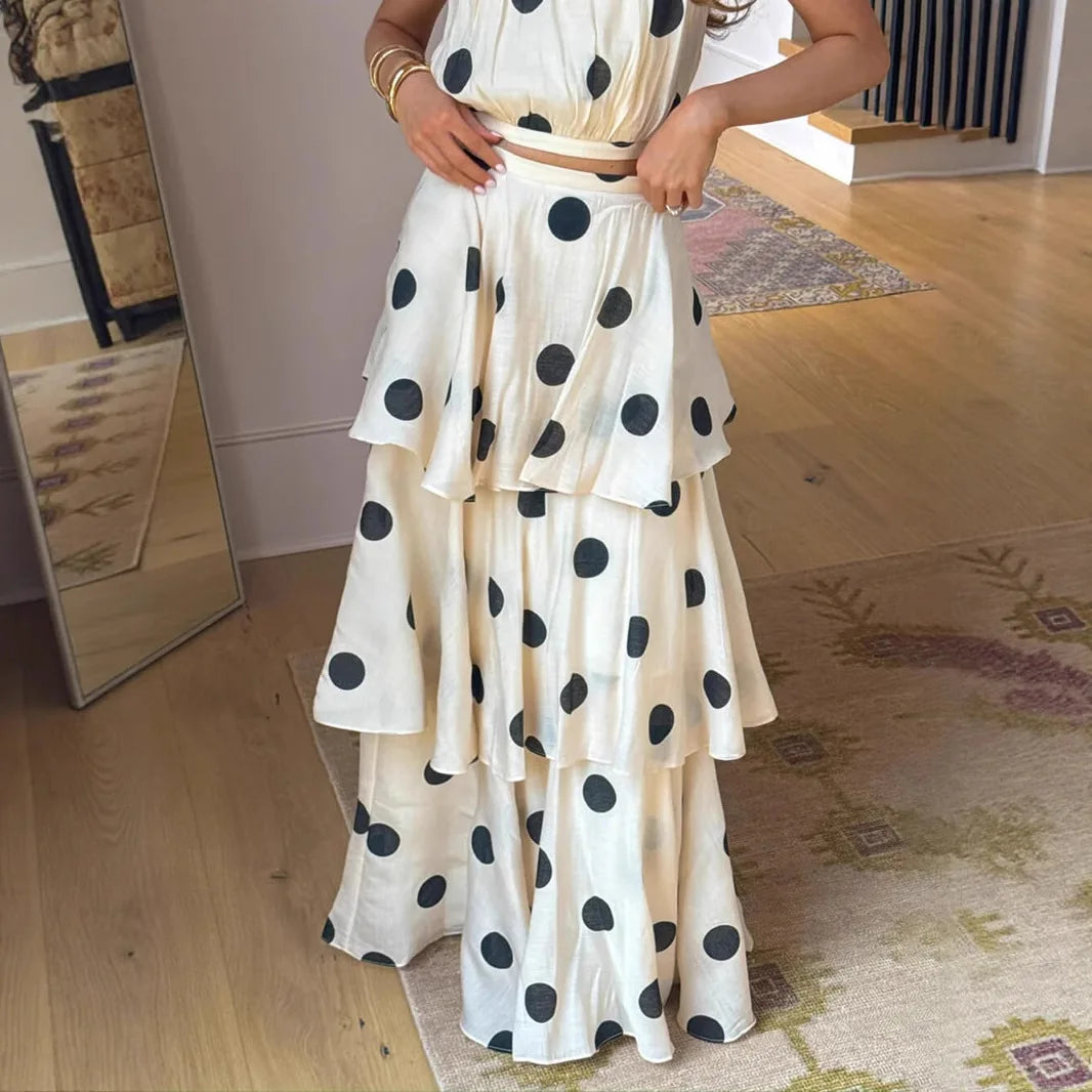 Polka Dot Sleeveless Pleated Two Piece Dress Set for Women