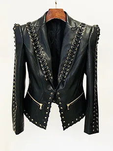 Mandarin Collar Lace-Up Faux Leather Jacket for Women