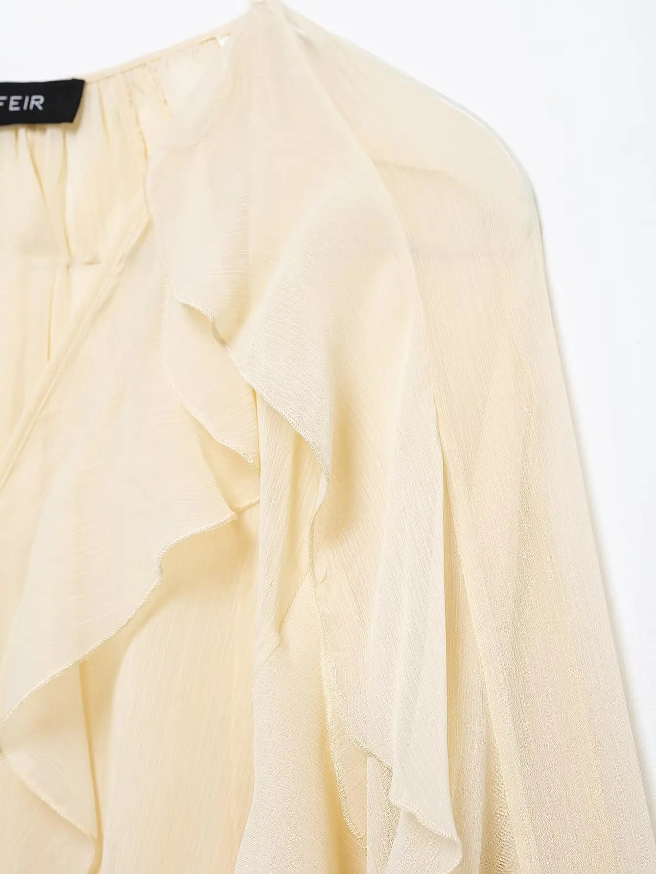 TRAFZA 2025 Women Elegant Solid Ruffles Blouse Spring Female V-Neck Long Sleeved Gauze Shirt Casual Hollow Out Lady Clothes