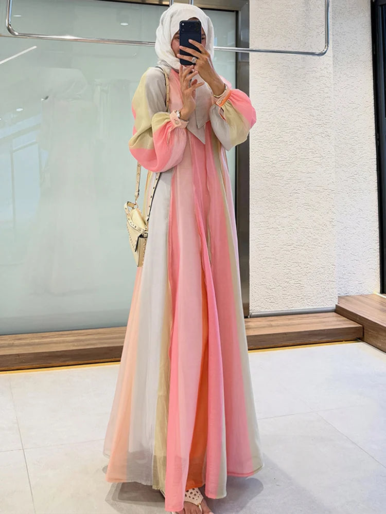 Elegant Chic Color Stripe Balloon Sleeve Dress for Women
