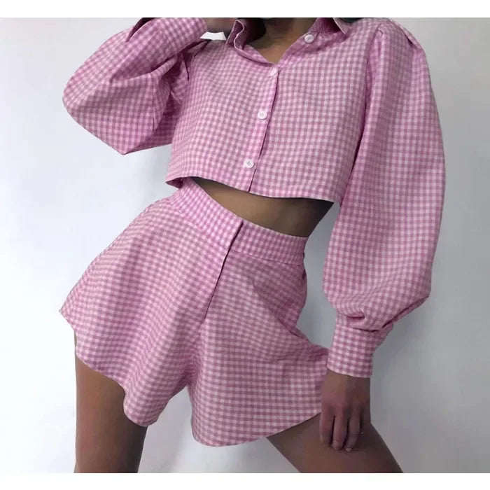 Wide Leg Pants Two Piece Set Woman Plaid Long Sleeved Shirt and High Waist 2025 Summer Fashion Casual Suit Spring and Summer New
