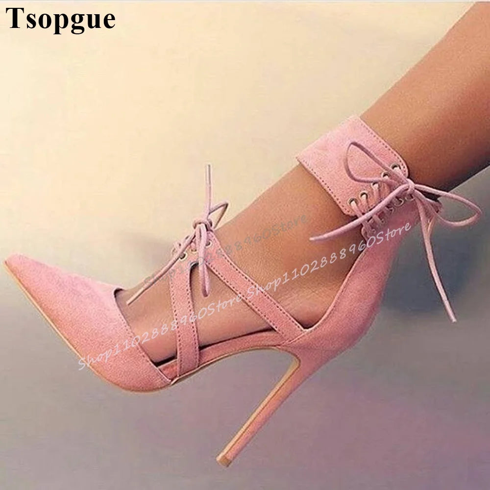 Stylish Pink Flock Cross Tied Sandals Thin High Heel Shoes For Women Back Zipper Pointed Toe 2025 Fashion Zapatos Para Mujere