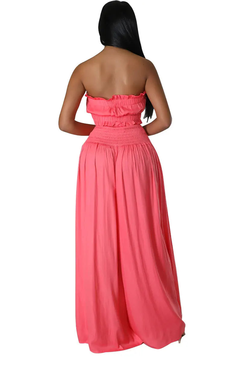 Lace Up Strapless Top Two Piece Pants Set for Women