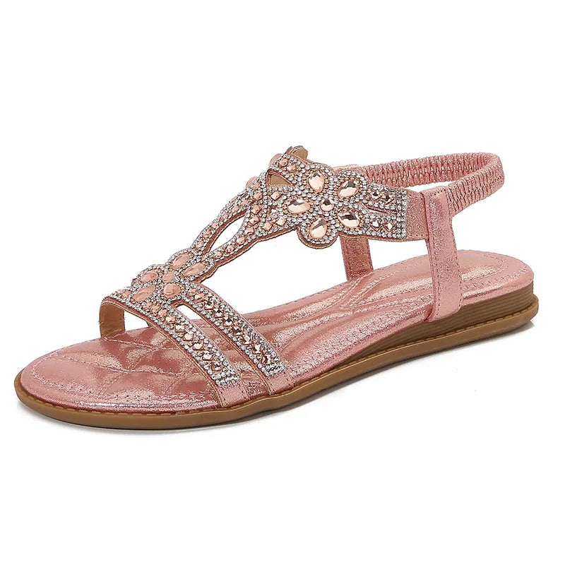 Bohemian Rhinestone Openwork Flat Sandals For Women