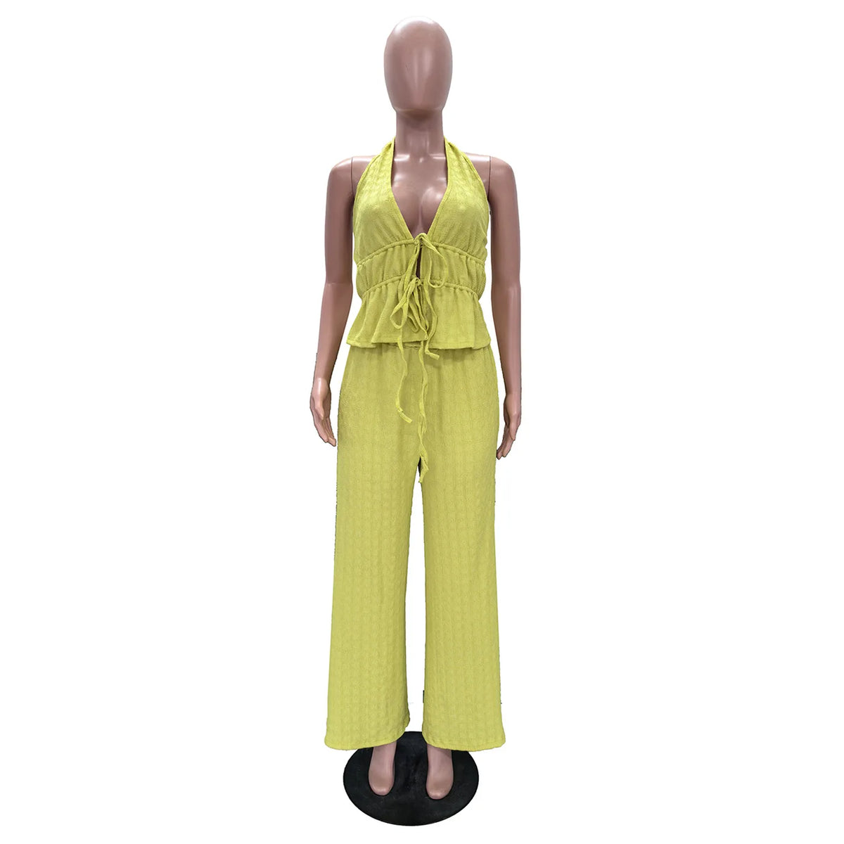 Casual Jacquard Halter Top and Wide Leg Pants Set for Women