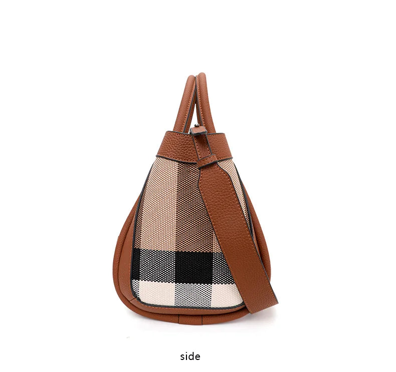 Retro Checkered Large Capacity Canvas And Leather Handbag for Women