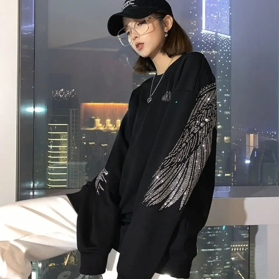 Tees Graphic Glitter Female Tops Loose Tshirts Rhinestone Women's T Shirts Black Clothes Sequin 2025 Aesthetic Coquett Pulovers