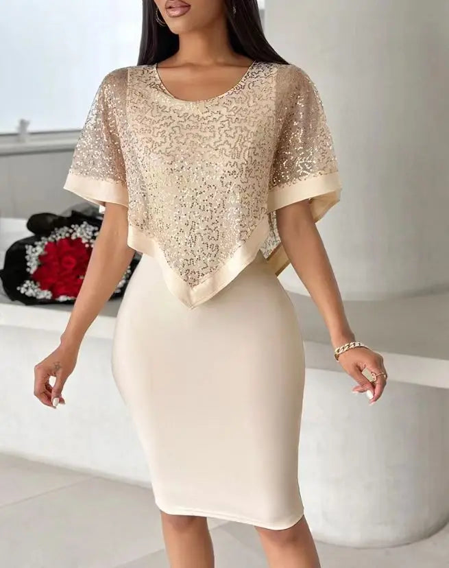 Sequin Short Sleeve Slim Fit Knee Length Dress for Women