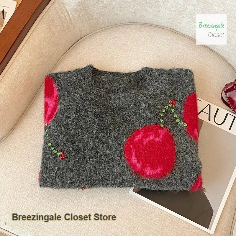 Cherry Jacquard Round Neck Long Sleeve Sweater For Women