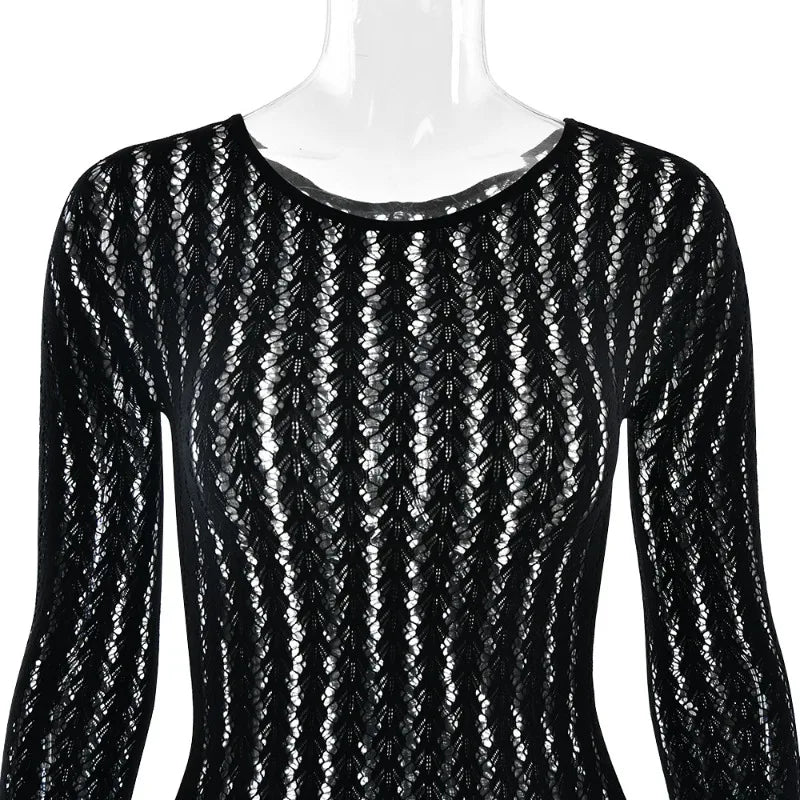 BOOFEENAA See Through Seamless Striped Jacquard One Piece Long Sleeve Jumpsuit Sexy All Black Outfits for Woman Baddie C92-DZ18