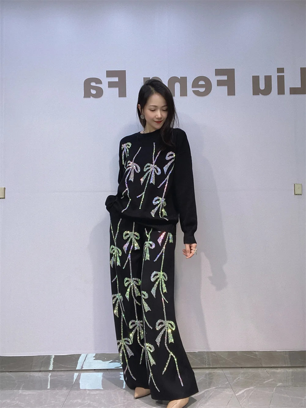 2025 Autumn New Fashion Rhinestone Knitted Two-Piece Set Loose Women's Top Casual Wide-Leg Pants Ladies Long Pants Suit