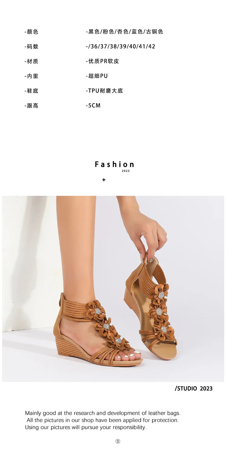 Bohemian Floral Vintage Leather Wedge Sandals for Women