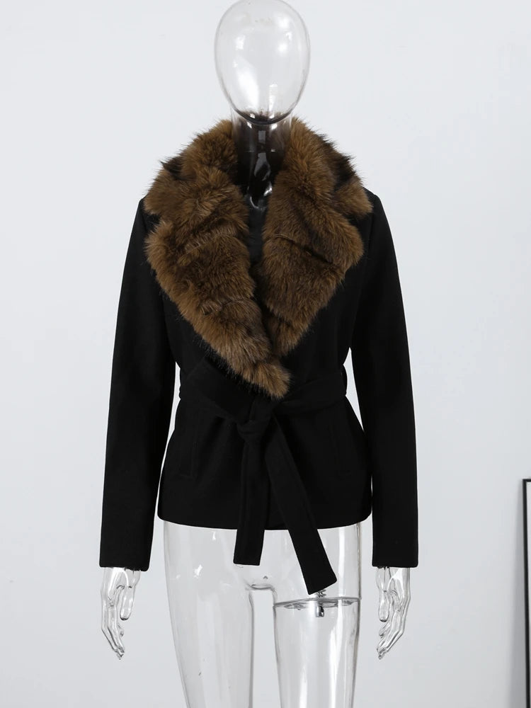Shawl Faux Fur Coat With Lace Up Belt for Women