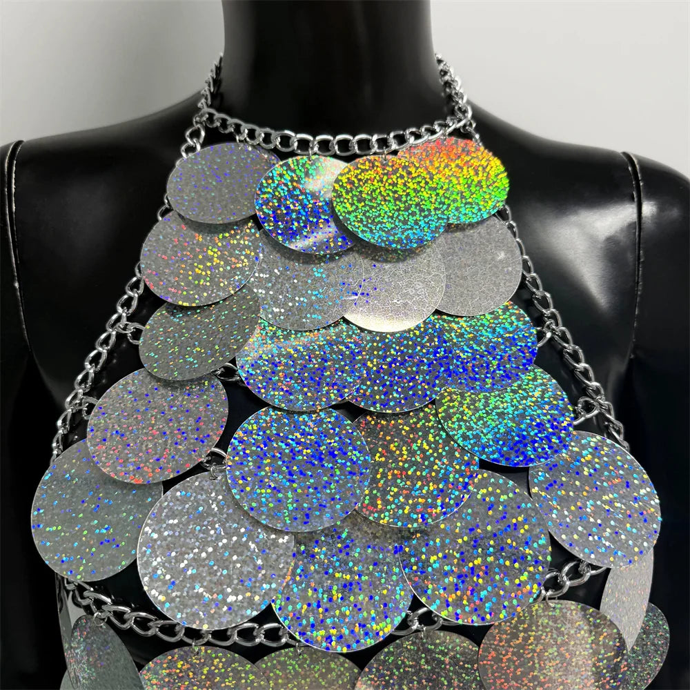 Shimmering Sequin Halter Tassel Crop Top for Women