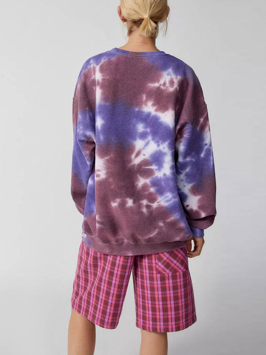Women's Spring and Autumn Loose Heart Tie Dye Round Neck Sweatshirt Long Sleeve Heart Tie Dye Printed Round Neck Sweatshirt