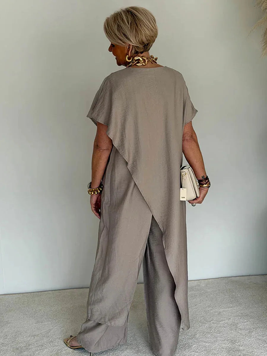 Casual Sleeveless Irregular Long Top Wide Leg Pants Two Piece Set for Women