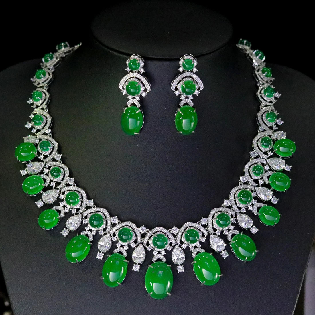 Green Teardrop Crystal Necklace and Earring Set for Women