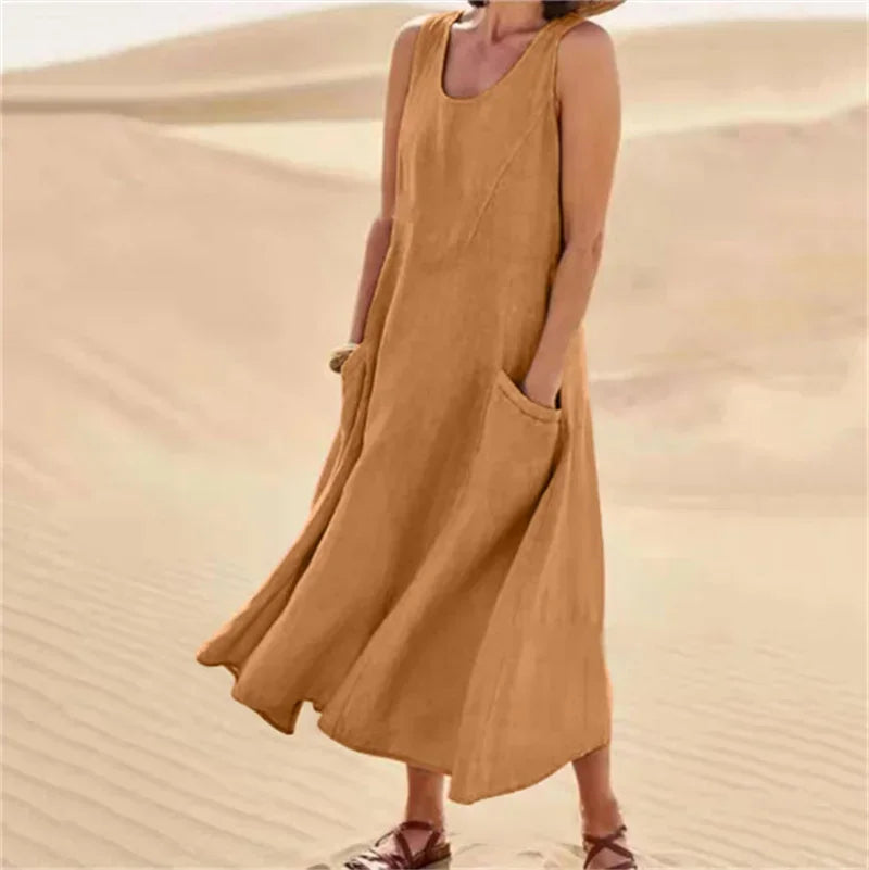 Casual Sleeveless Midi Dress With Side Pockets For Women