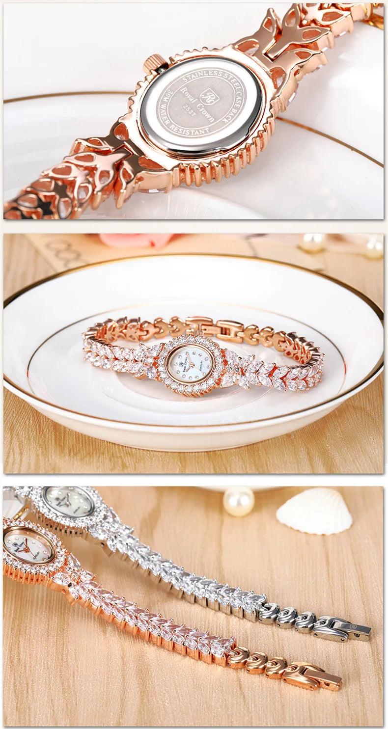 Small Luxury Prong Setting Women's Watch Fine Fashion Hours Mother of Pearl Bracelet Crystal Girl's Gift Royal Crown Box