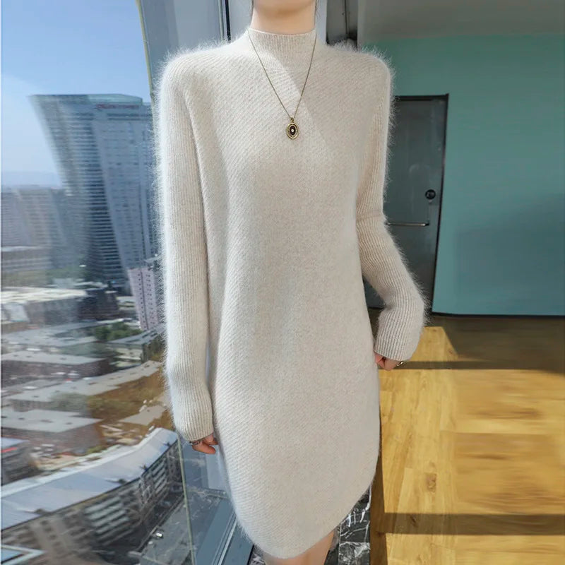 Warm Loose Fit Jacquard Knit High Neck Knee Length Dress for Women