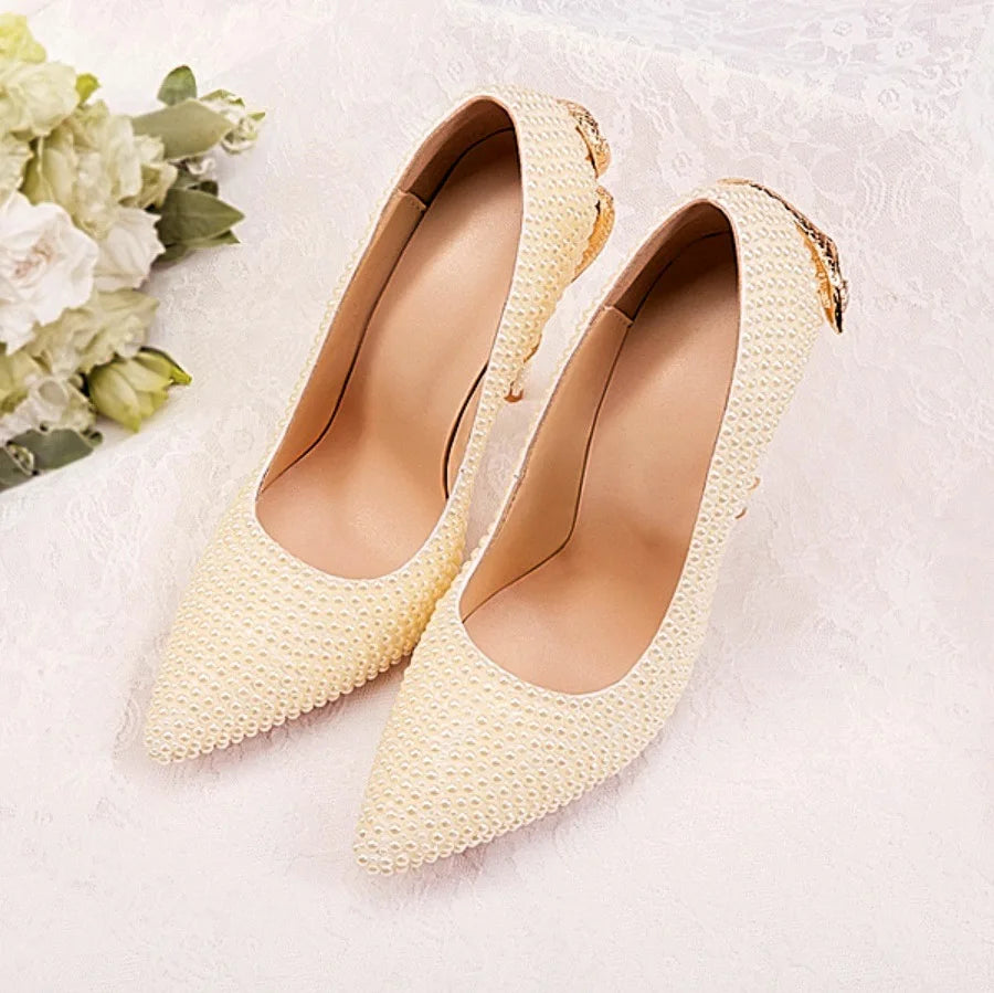 Golden Pearl Embellished Bridal High Heel Pumps For Women