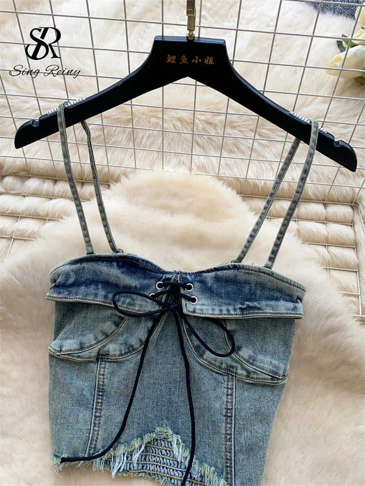 Edgy Summer Denim Three Piece Set With Shorts for Women