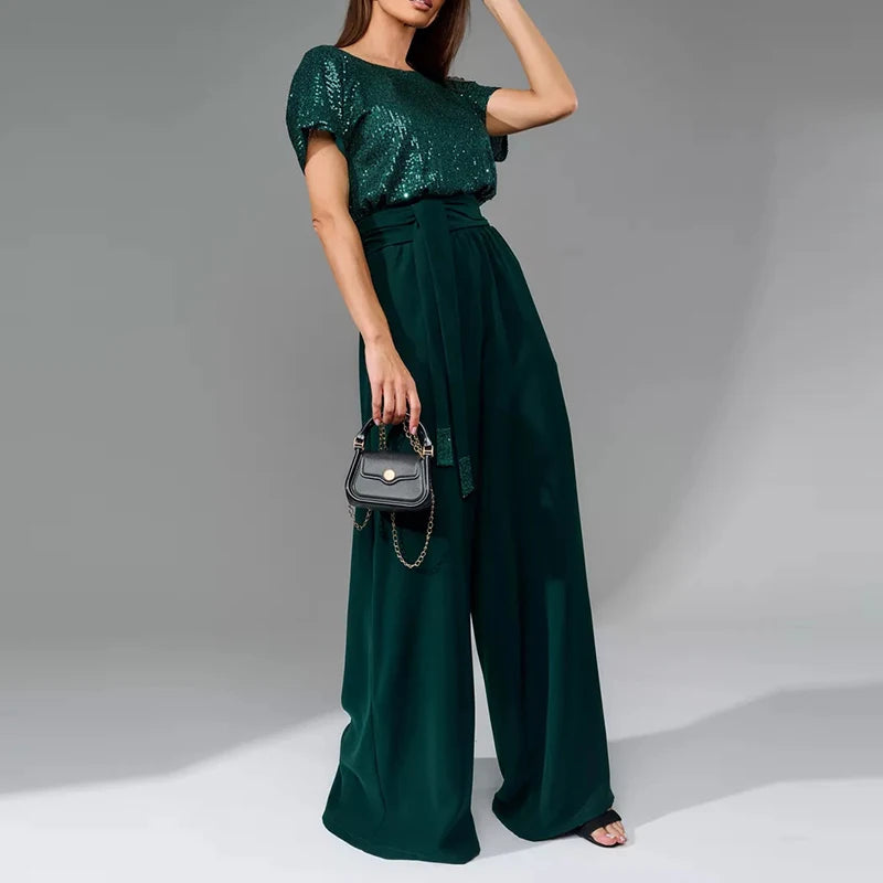 Sequin Patchwork High Waist Jumpsuit with Short Sleeves for Women