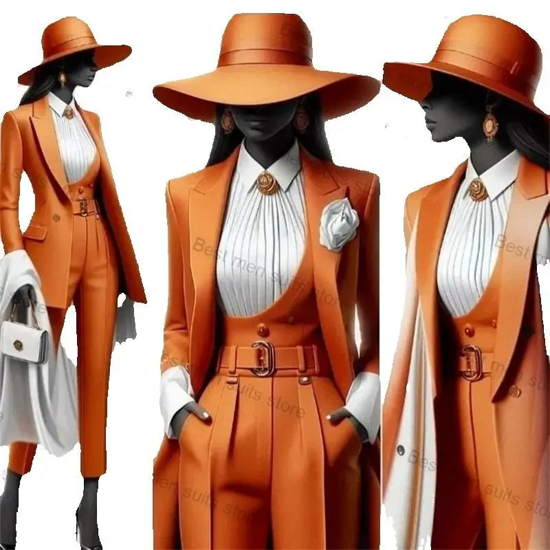 Elegant Orange Cotton Three Piece Suit Set for Women