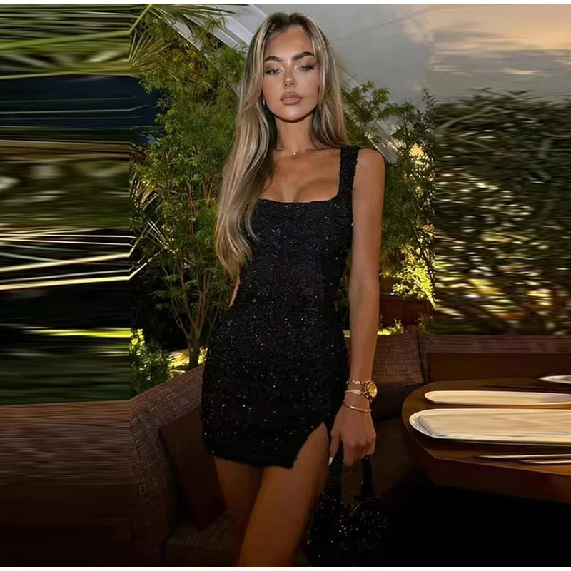Sleeveless Sequin Mini Dress with High Slit for Women