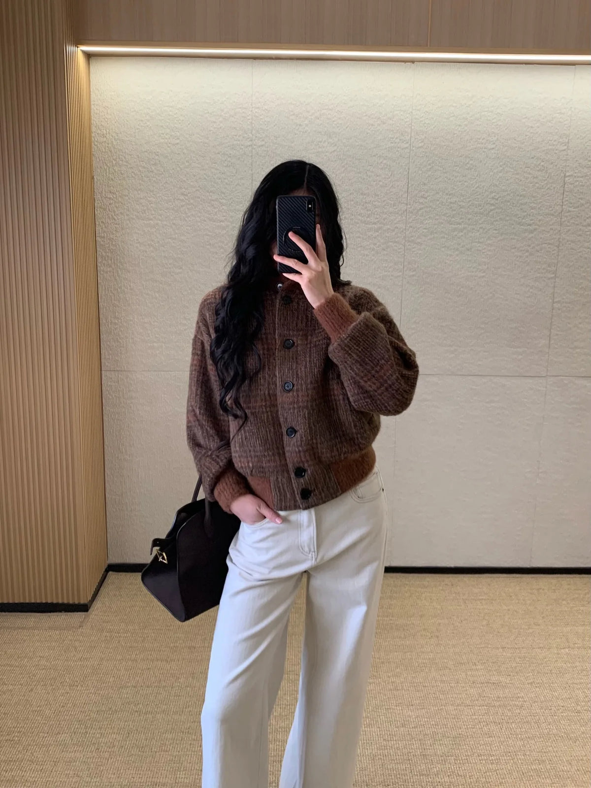 Vintage Plaid Wool Blend Stand Collar Jacket for Women