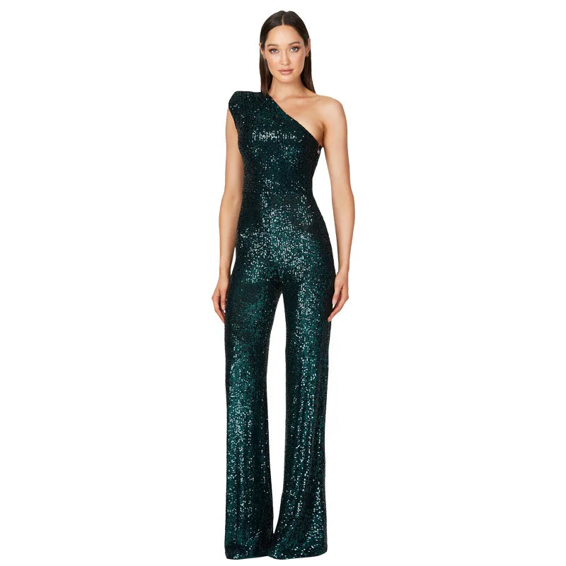 Sequined One Shoulder Wide Leg Jumpsuit