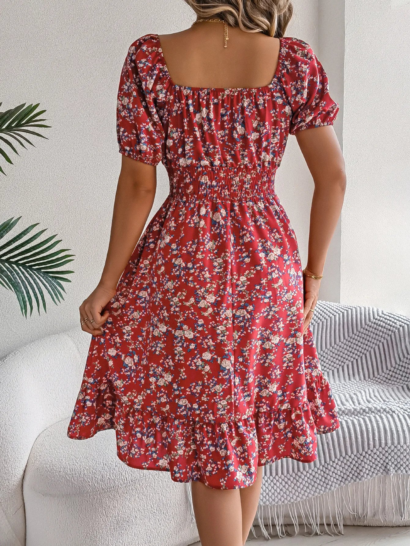 Floral Square Neck Short Sleeve High Waist Swing Dress for Women