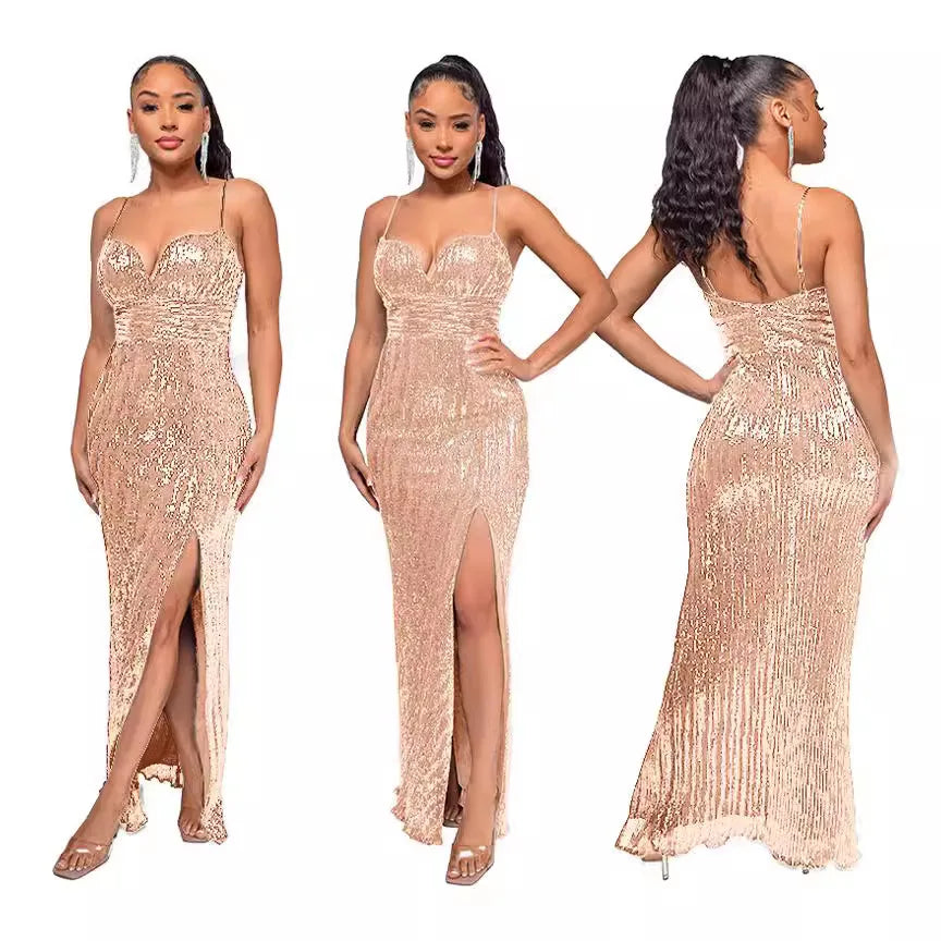 Glitter Sequin Spaghetti Strap Maxi Dress for Women