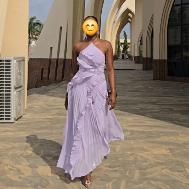 Chic Pleated Halter Neck Long Vacation Dress High Quality Purple Strapless Lotus Edge Maxi Dress 2025 New Lady Vacation Gown