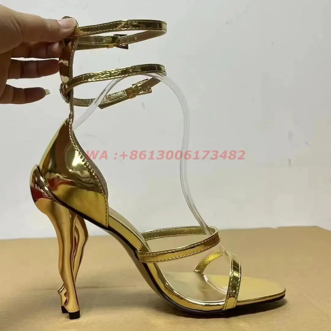 New Fashion Design Women Gold Cabaret Sculptural-Heel Strappy Sandals Ankle Strap Heel Cabaret Dancers Sandals Plus Size