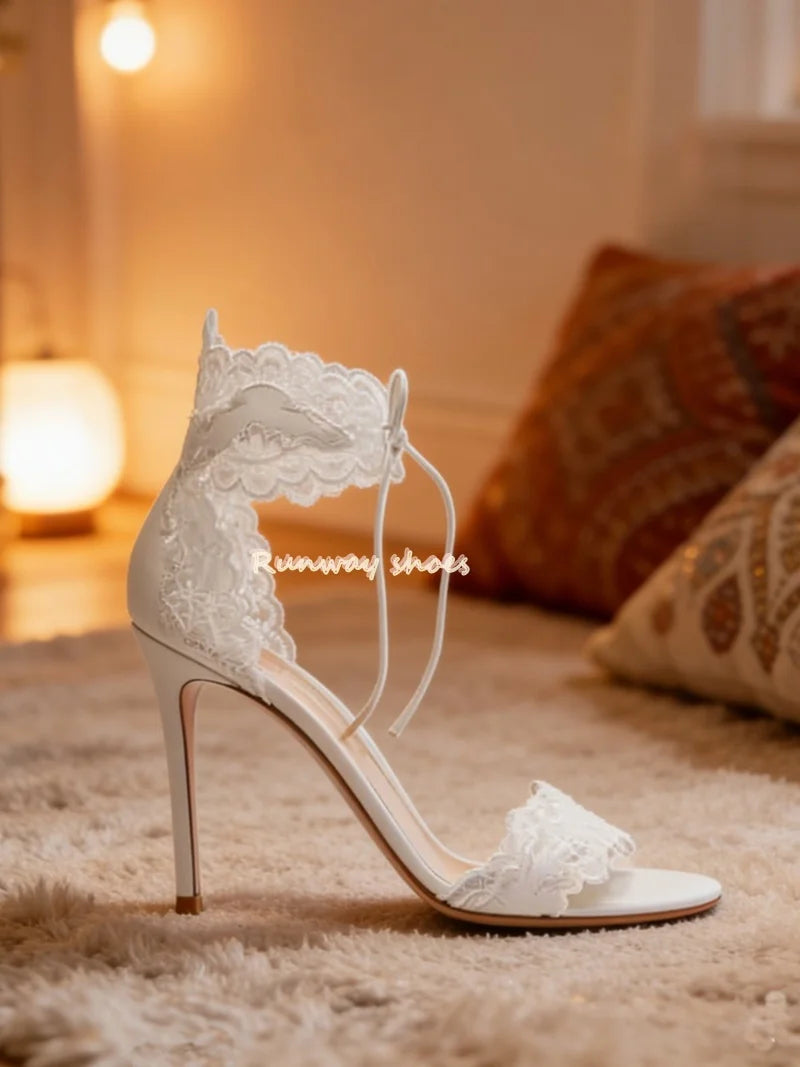 Lace Round Toe Ankle Strap White Wedding Heels for Women