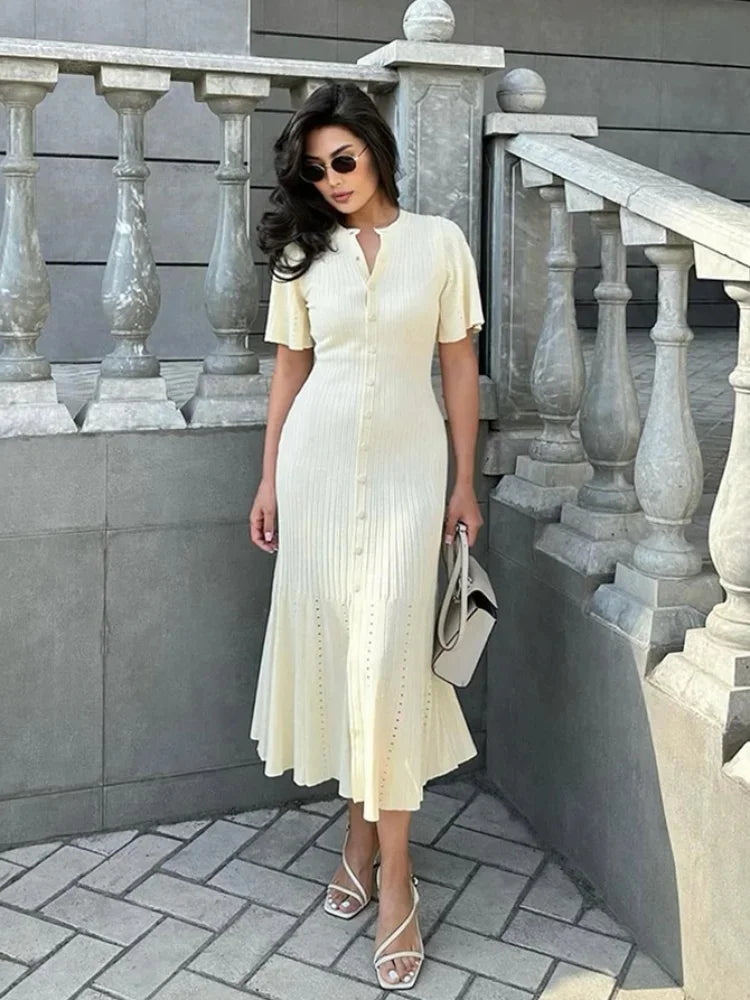Elegant Pleated Hem Street Fashion O Neck Bell Sleeve Slim Knit Midi Dress 2025 Women Summer Beach Swimsuit Cover Up Tunic A3055