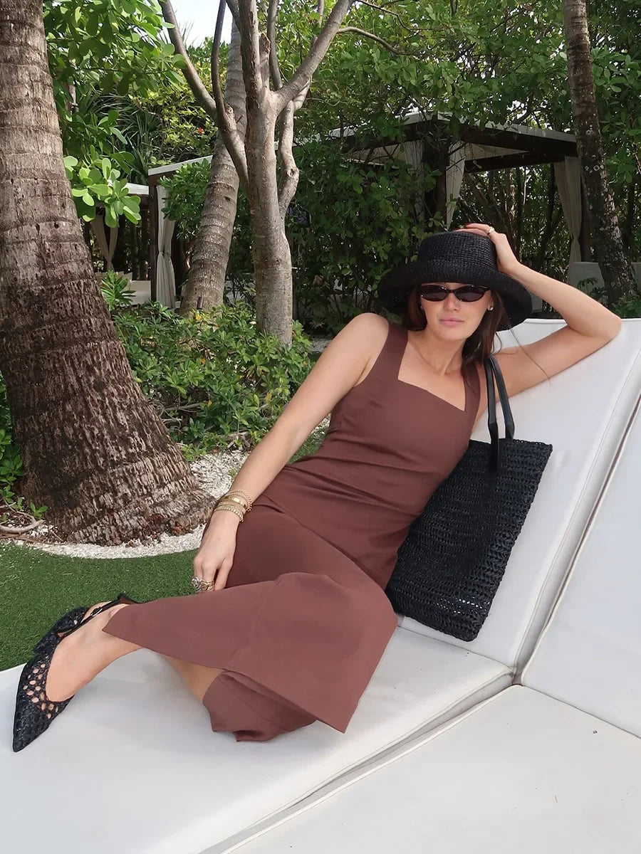Elegant Square Neck Suspender Cotton Blend Dress For Women