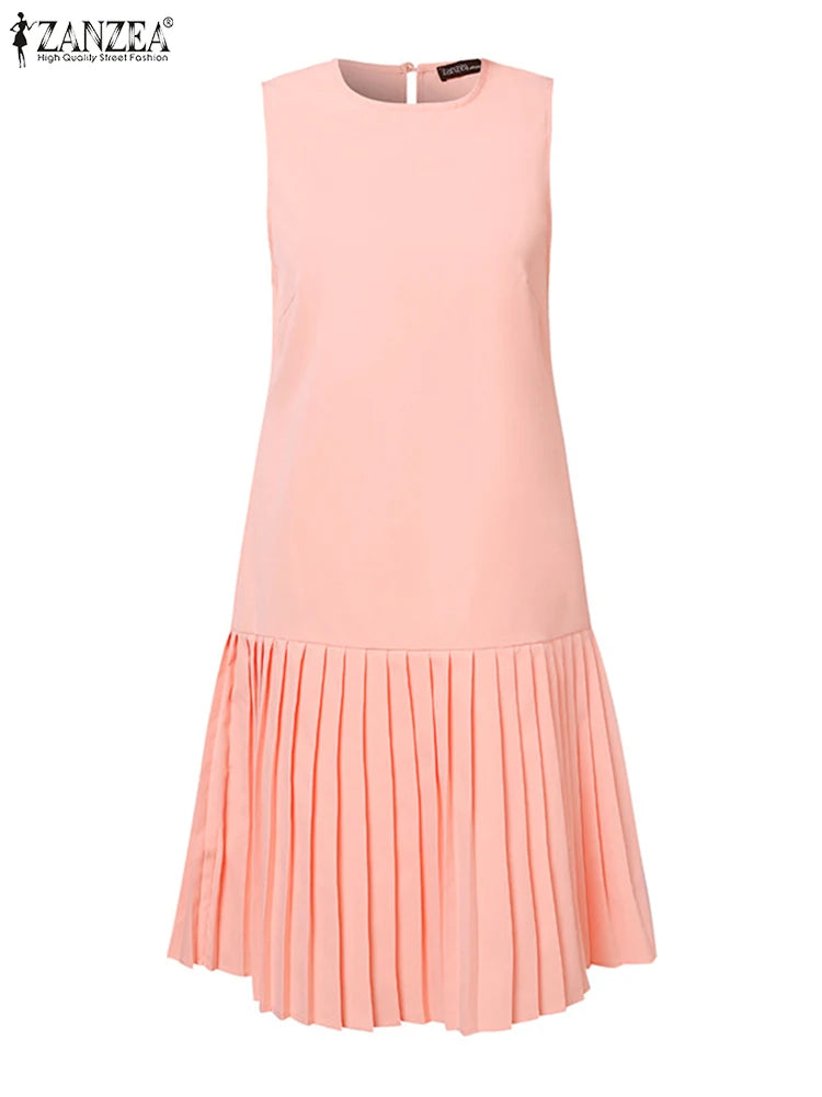 ZANZEA Summer Women Sleeveless Mini Dress 2024 Elegant Party Tank Vestidos Ladies Casual Solid Color Pleated Short Sundress