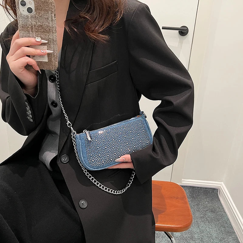 Rhinestone Appliqued Chain Shoulder Crossbody Bags for Women
