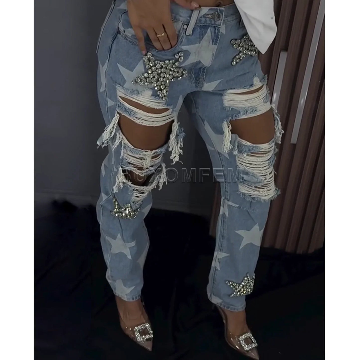 Loose Fit Baggy Wide Leg Denim Jeans Full Length for Women