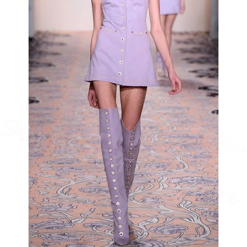 Purple Pointed Toe High Heel Boots With Back Zipper For Women