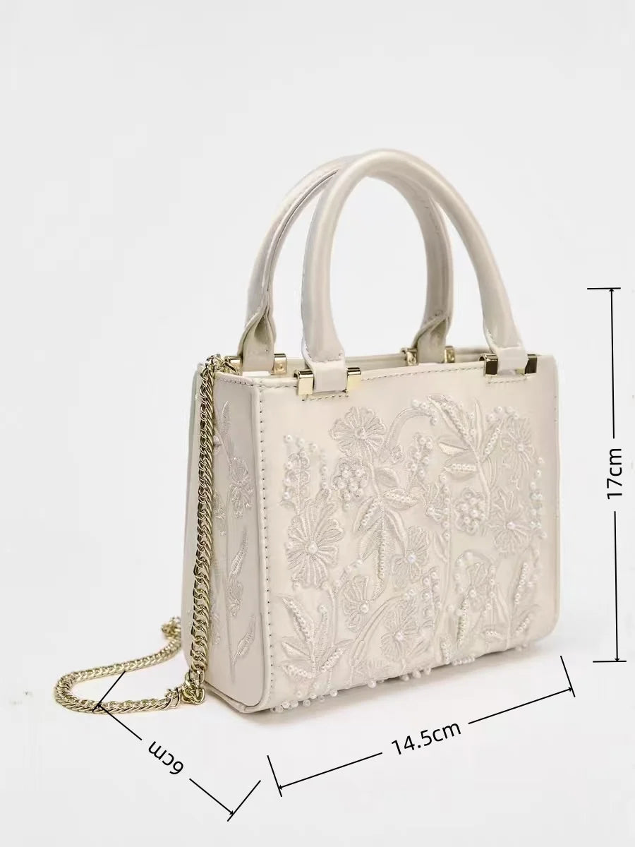 High Texture Fashion Floral Embroidery Tote Bag for Women Elegant Artificial Pearl Decoration Chain Shoulder Messenger Bag Purse