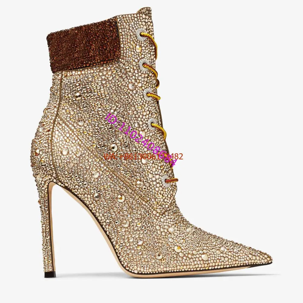 Design Women High Heel Champagne Gold Handmade Rhinestones Lace Up Ankle Boots Sexy Lady High Heel Pointy Crystal Short Boots
