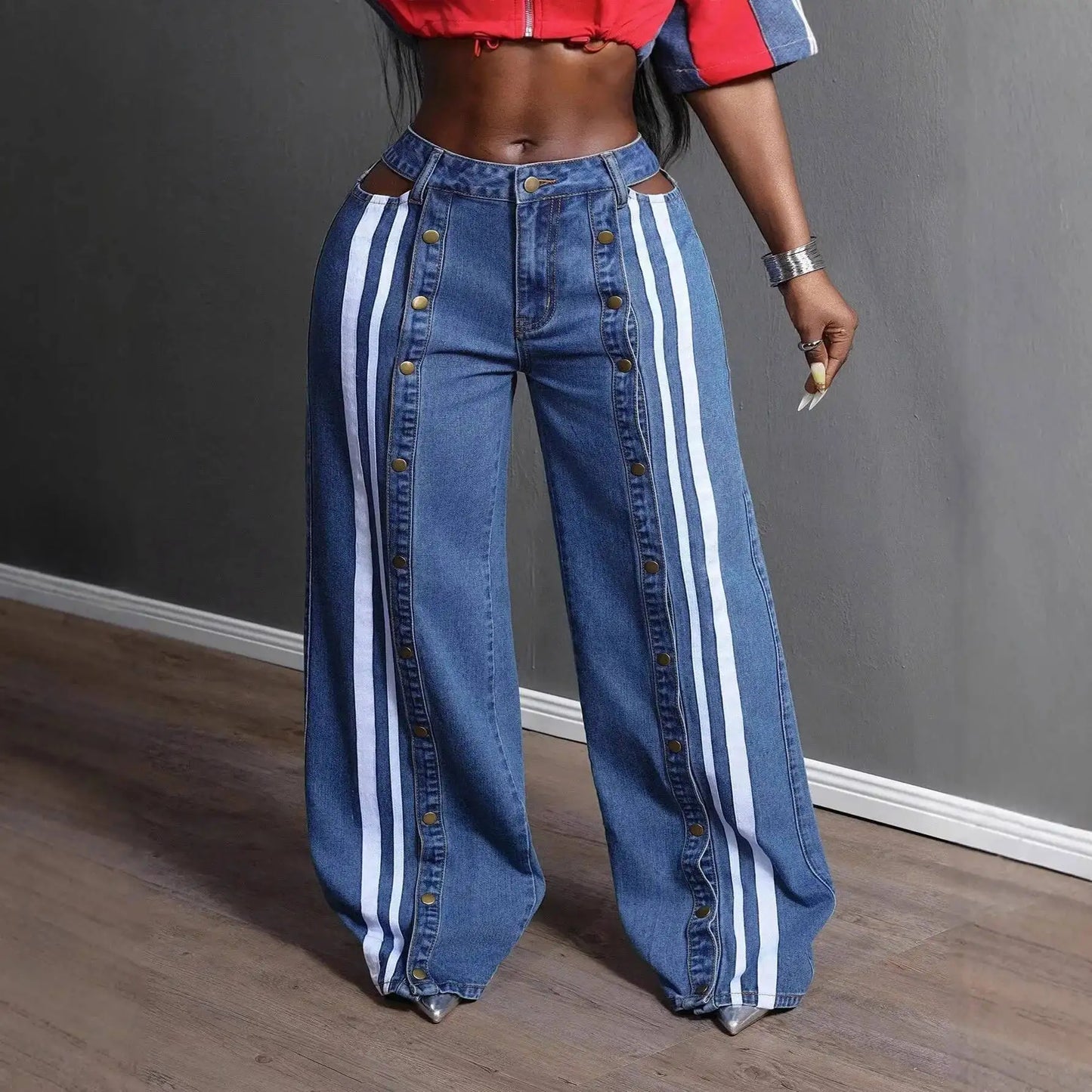 ANJY Spring Autumn New Women Streetwear Fashion Buttons Slit Striped Color Block Jeans Stylish Loose Wide-Leg Denim Pants A23331