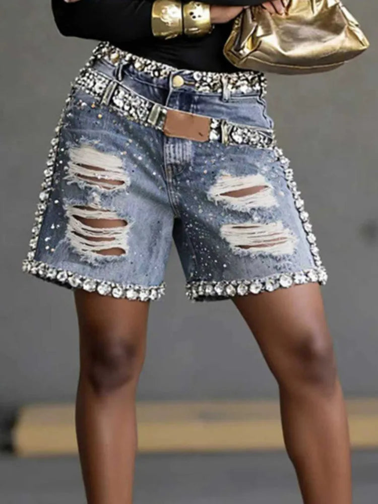 High Waist Ripped Denim Shorts With Rhinestone Detail For Women